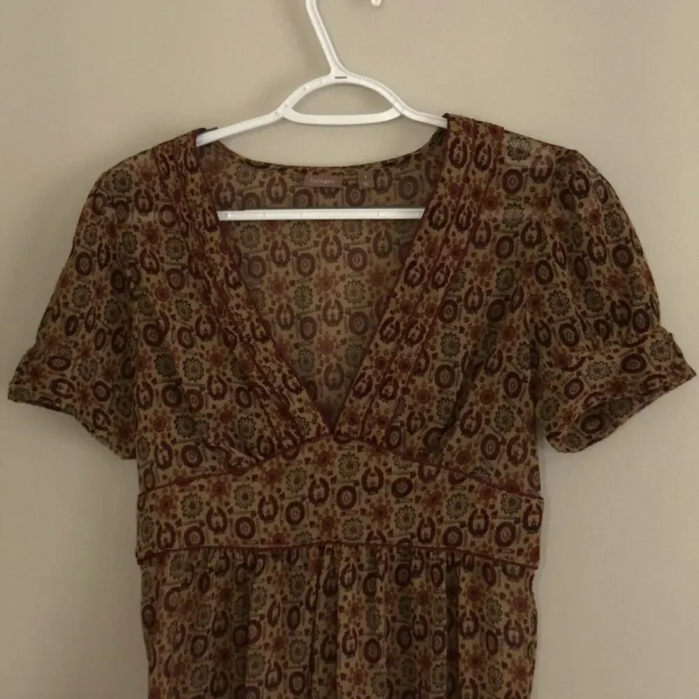 Halogen‎ Brown geometric medallion Print Babydoll Top Small - Picture 4 of 6